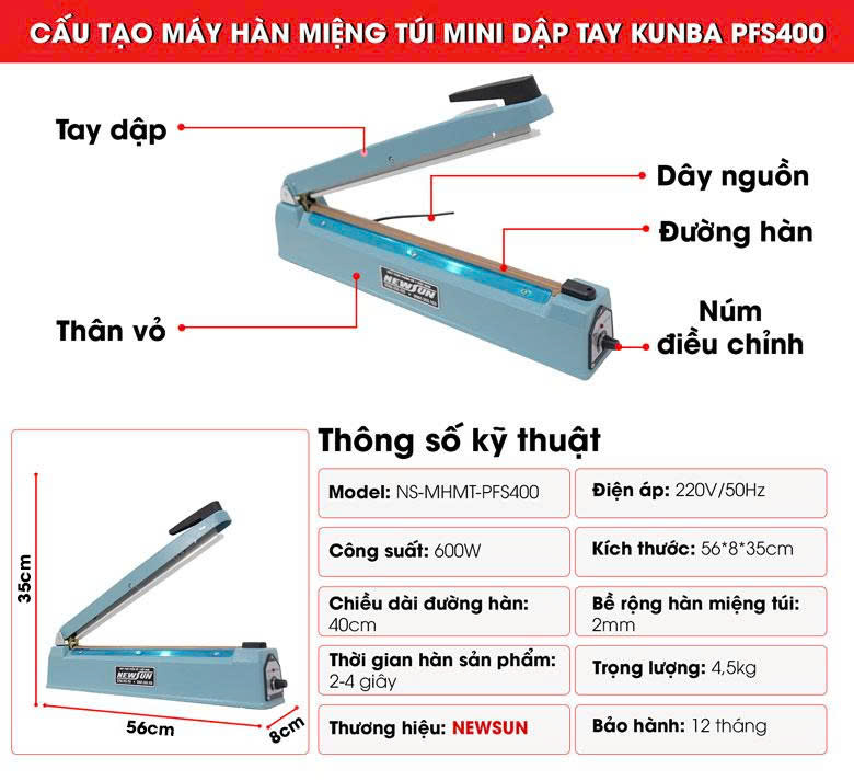 Máy Hàn Miệng Túi Dập Tay PFS-400 (600W) Cấu tạo của máy hàn miệng túi dập tay PFS-400 (600W)