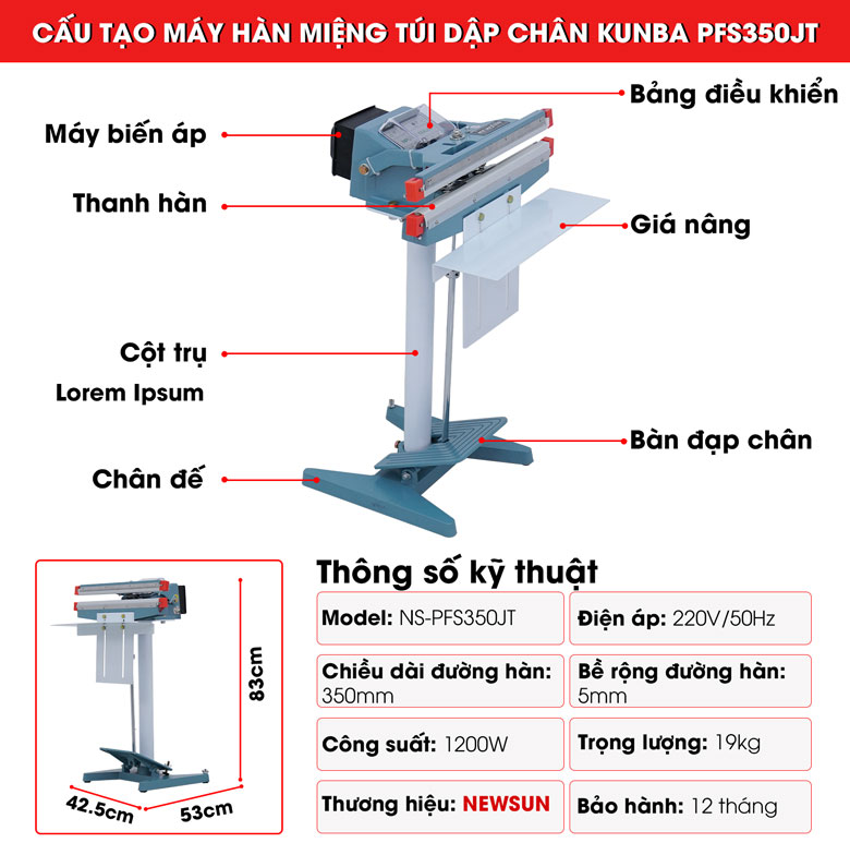 Cấu tạo máy hàn miệng túi dập chân Kunba PFS350JT