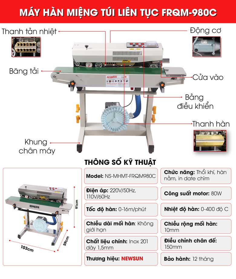 Cấu tạo máy hàn miệng túi đa năng Kunba FRQM-980C