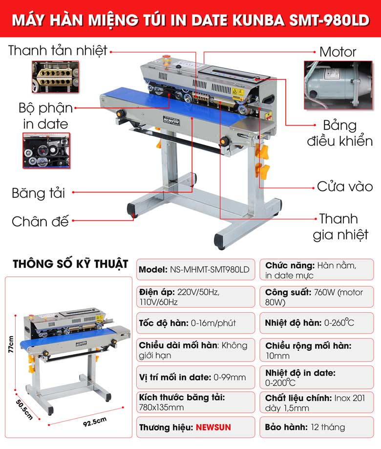 Cấu tạo máy hàn miệng túi có in date Kunba SMT-980LD