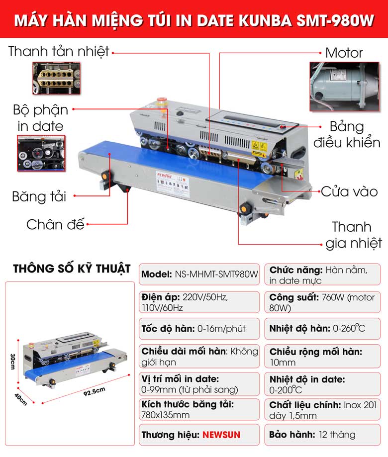 Cấu tạo máy hàn miệng túi in date Kunba SMT-980W