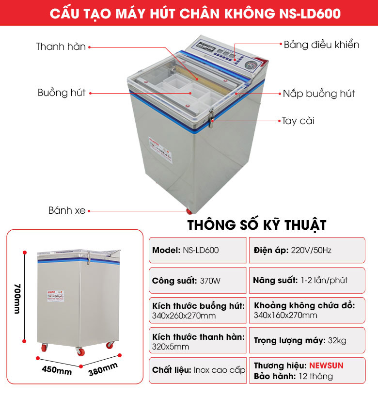 Máy Ép Chân Không Chè LD600 Cấu tạo máy ép chân không chè LD600