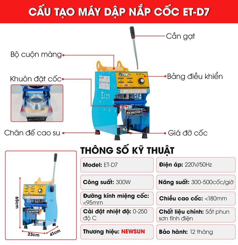 Máy dập cốc thủ công ET-D7 Cấu tạo máy dập cốc thủ công ET-D7