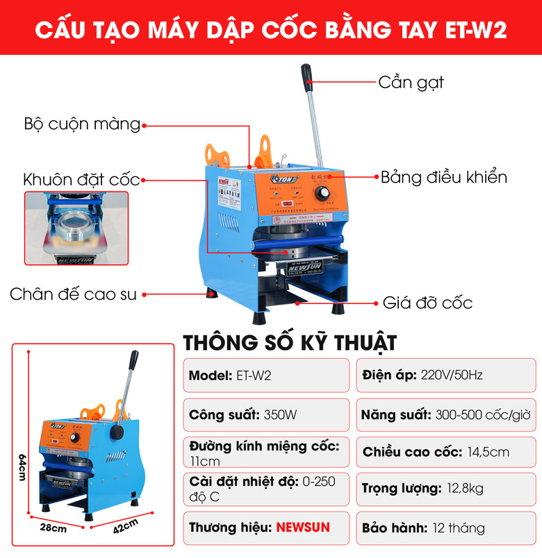 Máy dập cốc bằng tay ET-W2 Cấu tạo Máy dập cốc bằng tay ET-W2