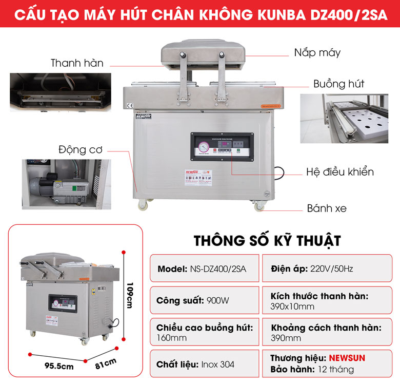Máy hút chân không Kunba DZ400/2SA (2 buồng) cao cấp Cấu tạo Máy hút chân không Kunba DZ400/2SA 2 buồng