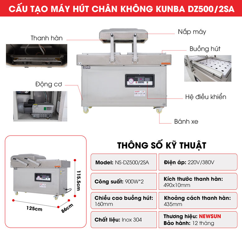 Máy hút chân không Kunba DZ500/2SA (2 buồng) Cấu tạo chi tiết máy hút chân không Kunba DZ500/2SA