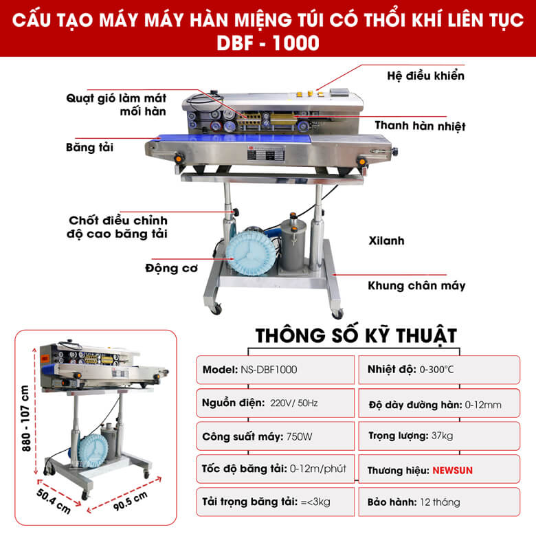 Cấu tạo chi tiết máy hàn miệng túi thổi khí liên tục DBF-1000