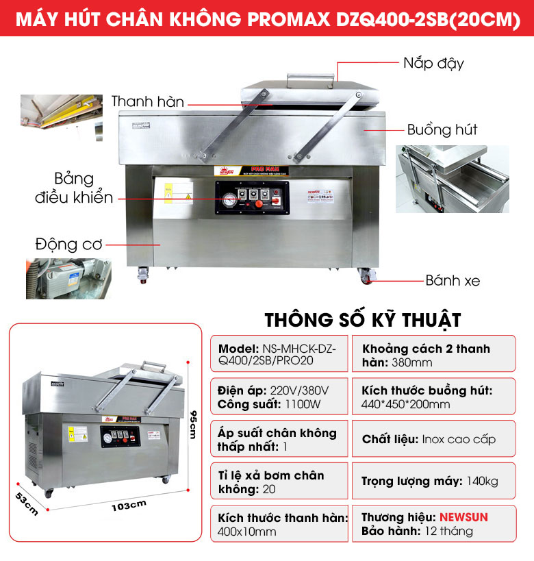 Cấu tạo của Máy ép chân không DZQ400-2SB Promax (2 buồng lõm 20cm)