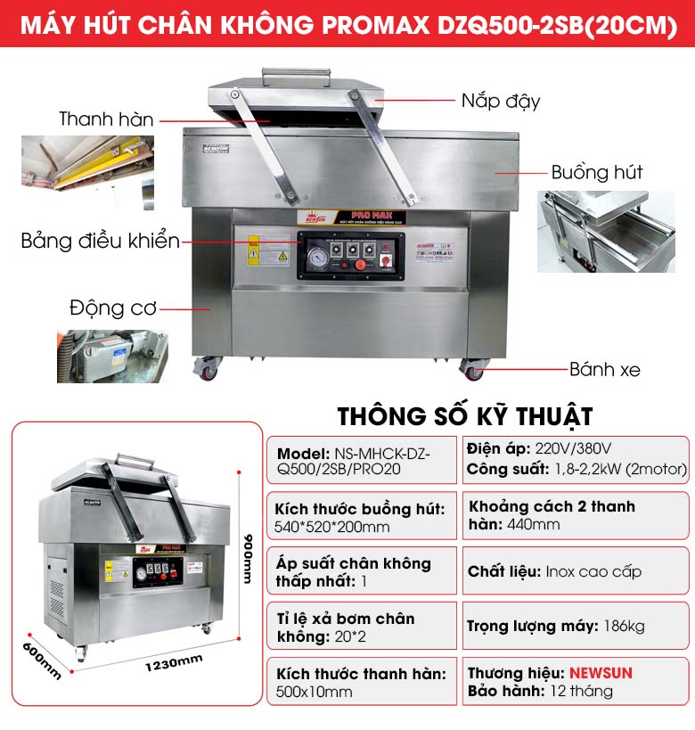Cấu tạo Máy ép chân không DZQ500-2SB Promax (2 buồng lõm 20cm)