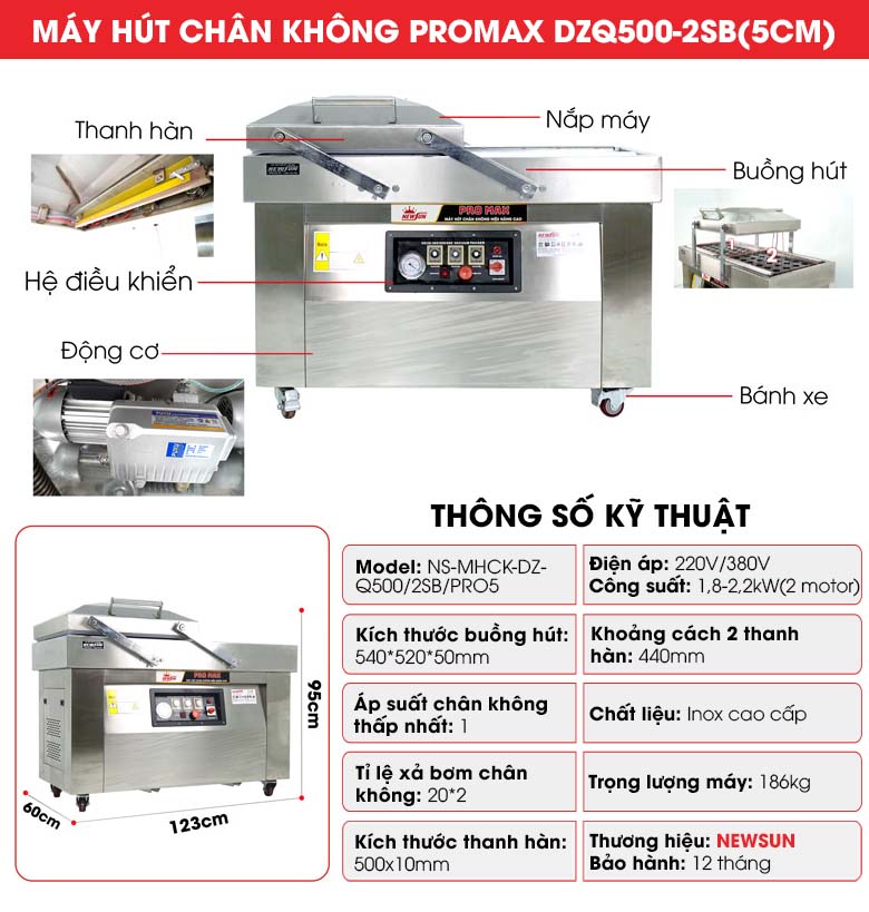 Cấu tạo Máy ép chân không DZQ400-2SB Promax (2 buồng lõm 5cm)