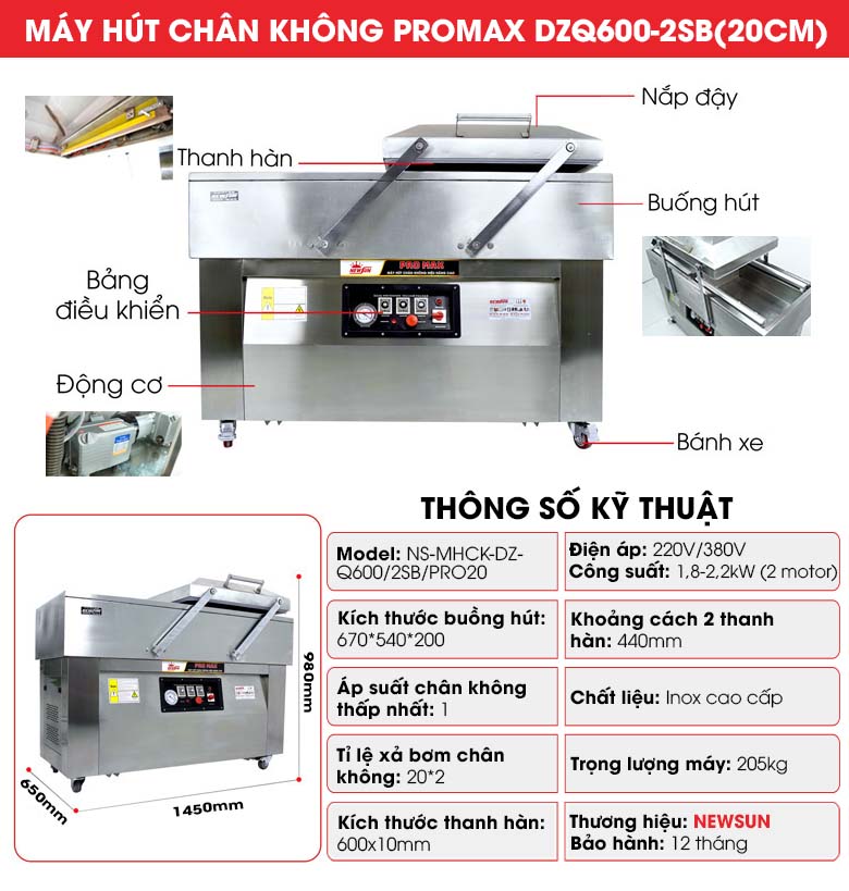 Cấu tạo Máy ép chân không DZQ600-2SB Promax (2 buồng lõm 20cm)