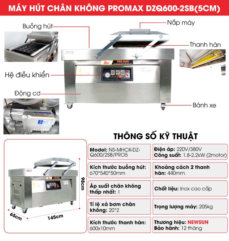 Cấu tạo Máy ép chân không DZQ600-2SB Promax (2 buồng lõm 5cm)