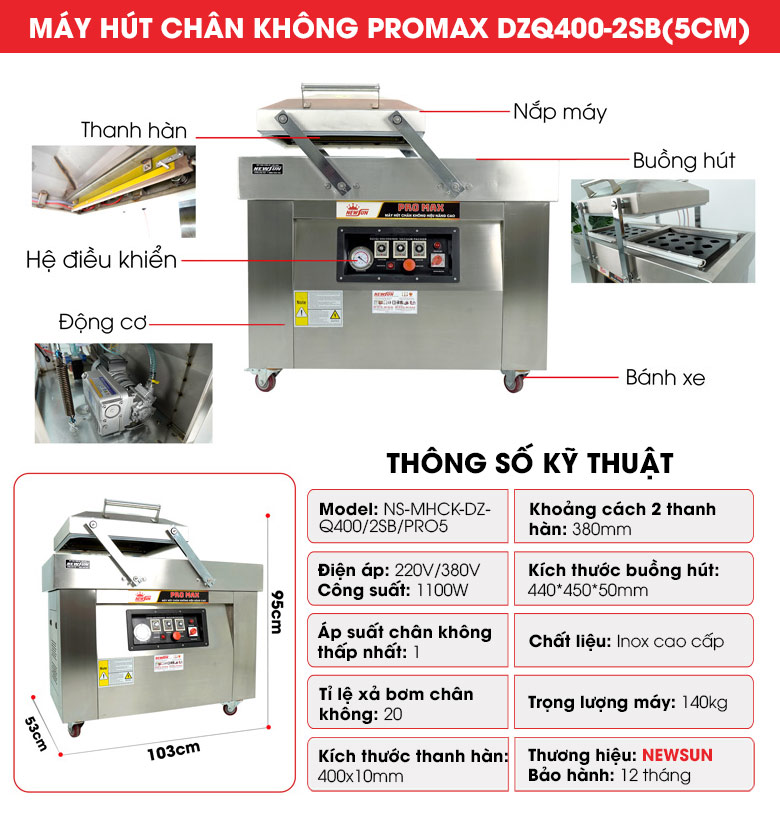 Cấu tạo Máy ép chân không DZQ400-2SB Promax (2 buồng lõm 5cm)