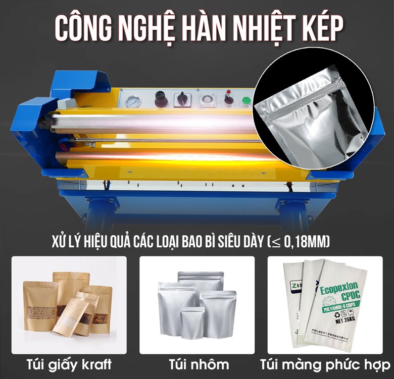 Hệ thống gia nhiệt kép, dễ dàng hàn các loại bao bì dày