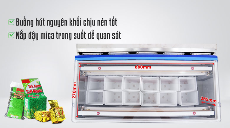Máy ép chân không chè LD660 Buồng hút rộng rãi, đi kèm nắp mica trong suốt giúp dễ dàng quan sát quá trình đóng gói