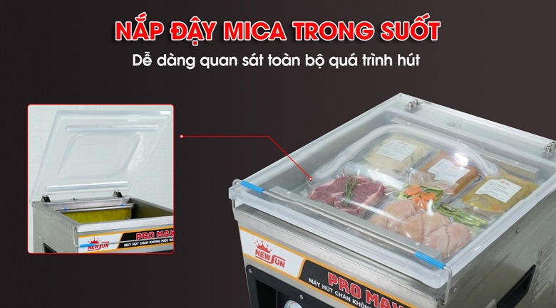 Máy ép chân không điện tử DZQ320 Nắp đậy mica chắc chắn, giúp kiểm soát quá trình đóng gói