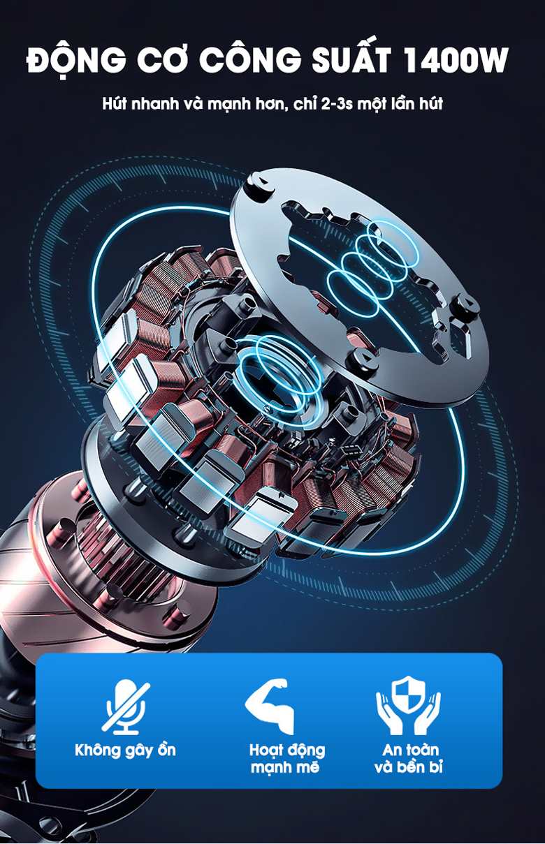 Công suất lên đến 1400W giúp hút nhanh và mạnh hơn