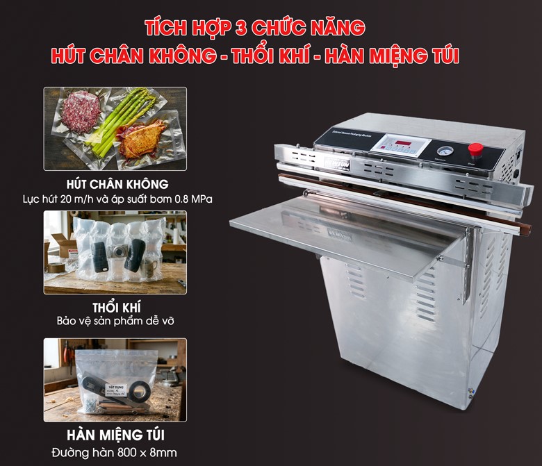 3 chức năng tiện ích: Hút - Thổi - Hàn miệng túi